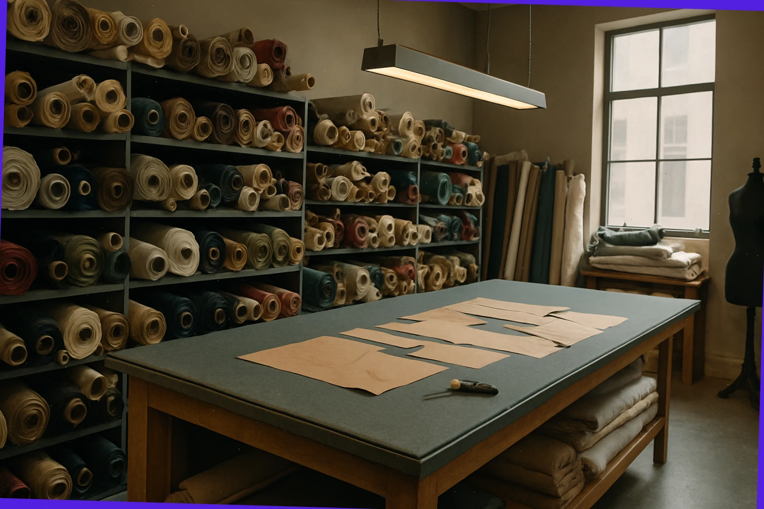 studio with fabric rolls and cutting table